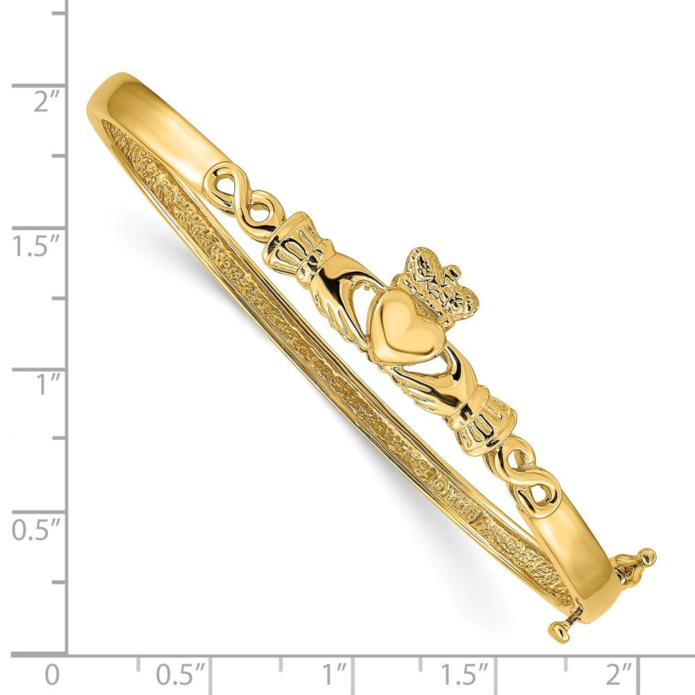 7 Inch 14K 4mm Diamond-Cut Claddagh Hinged Bangle Bracelet