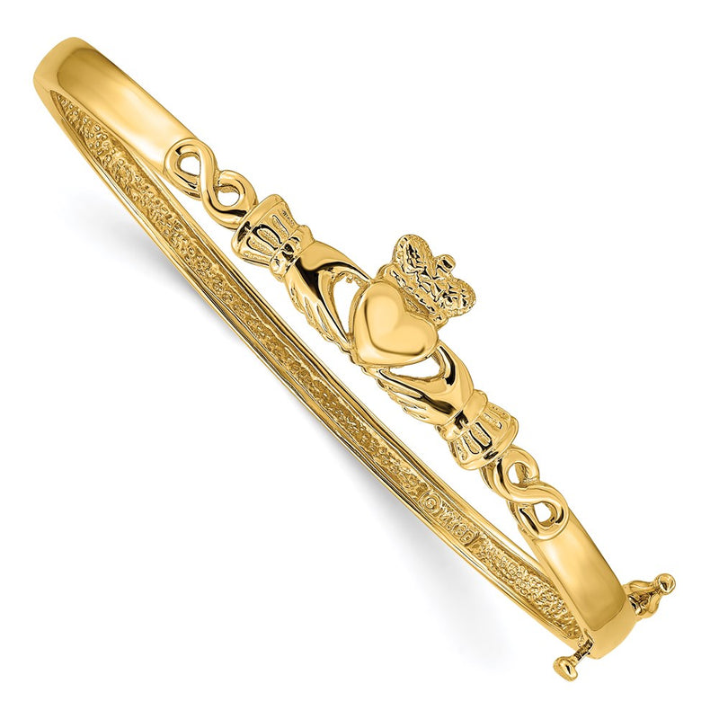 7 Inch 14K 4mm Diamond-Cut Claddagh Hinged Bangle Bracelet