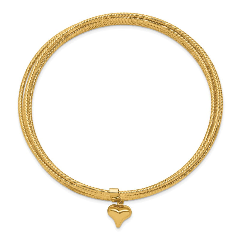 14k Yellow Gold w/ Dangle Heart Oversized Slip-on Set of 7 Textured Bangles