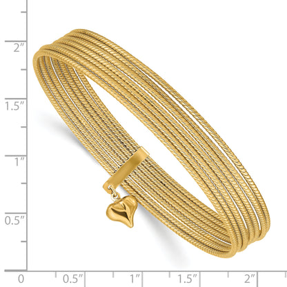 14k Yellow Gold w/ Dangle Heart Slip-on Set of 7 Textured Bangles