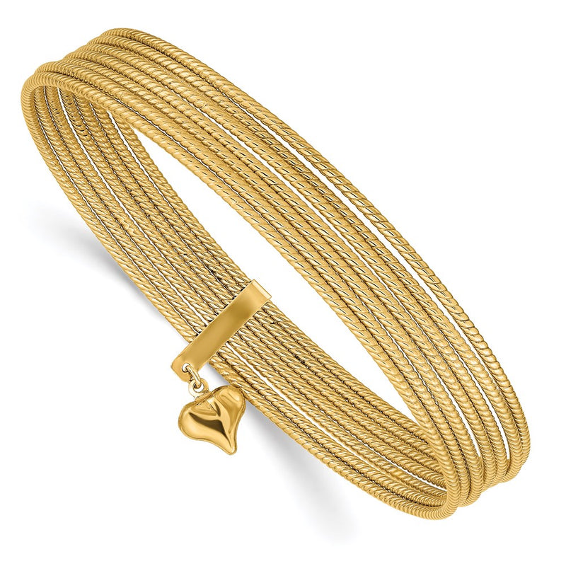 14k Yellow Gold w/ Dangle Heart Oversized Slip-on Set of 7 Textured Bangles