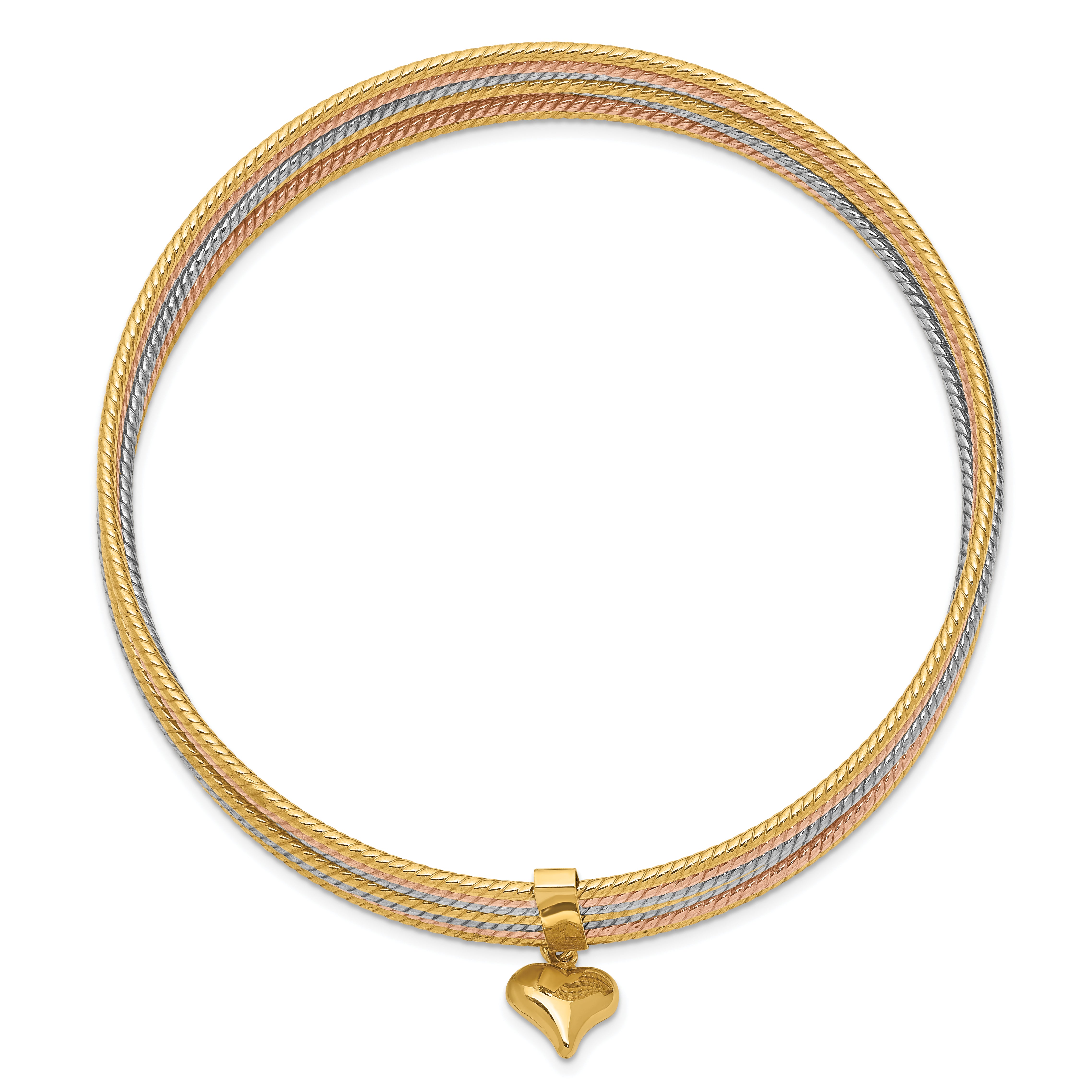 14k Tri-Color Gold w/ Dangle Heart Tri-Color Gold Set of 7 Textured Slip-on Bangles