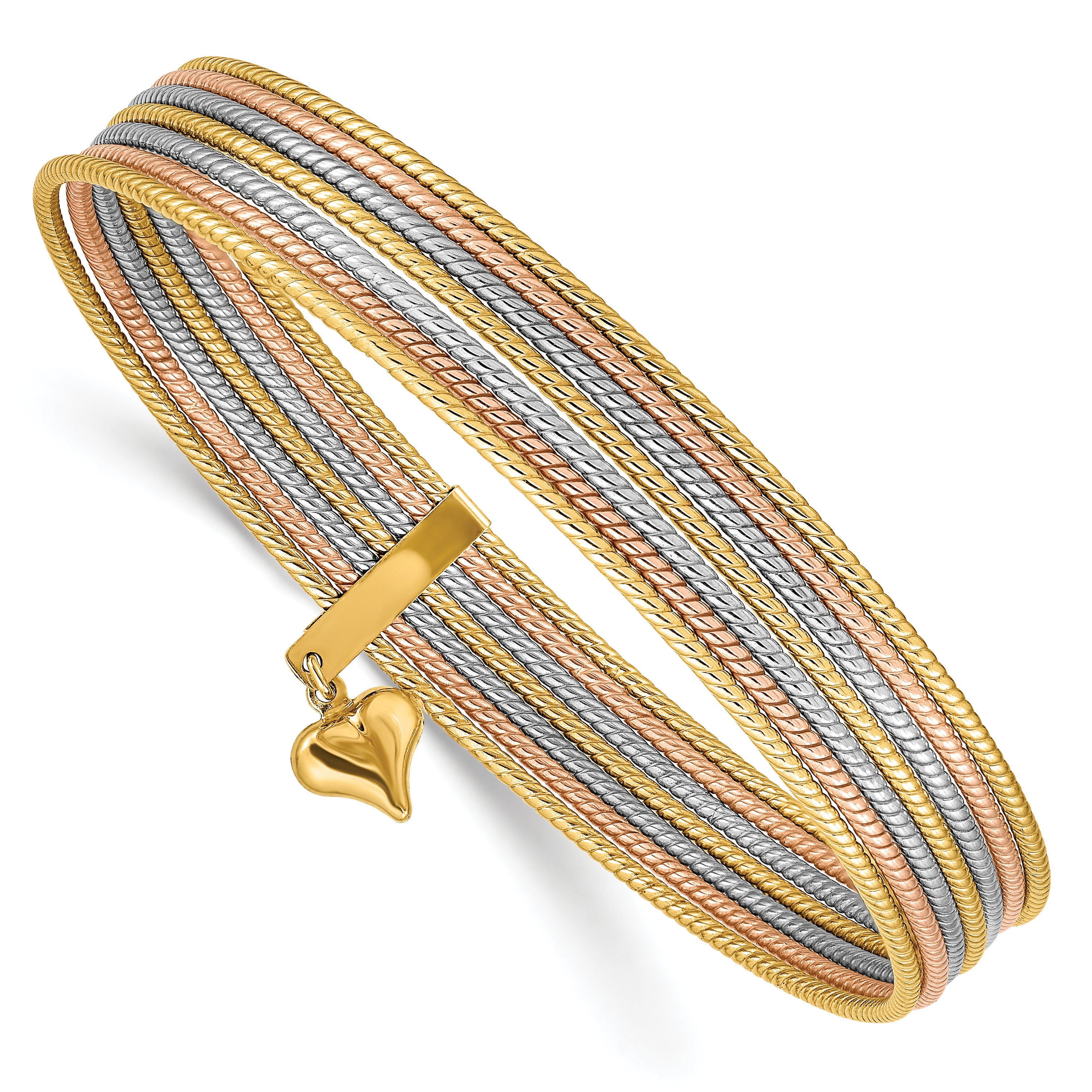 14k Tri-Color Gold w/ Dangle Heart Tri-Color Gold Set of 7 Textured Slip-on Bangles