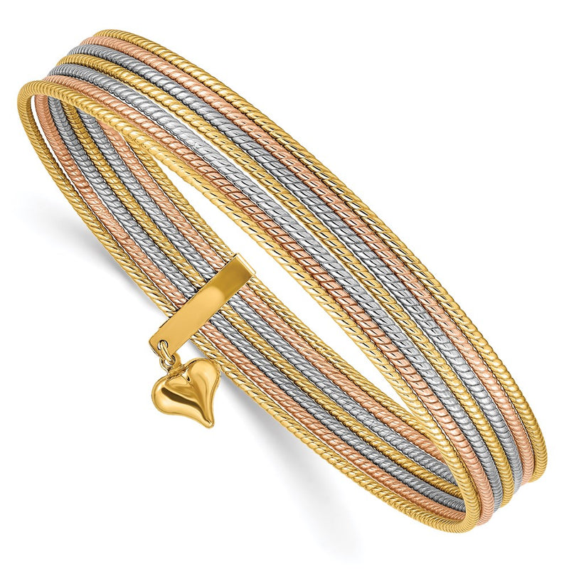 14k Tri-Color Gold w/ Dangle Heart Tri-Color Gold Set of 7 Textured Slip-on Bangles