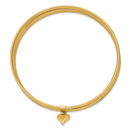 14k Yellow Gold w/ Dangle Heart Set of 7 Slip-on Textured Bangles 8"
