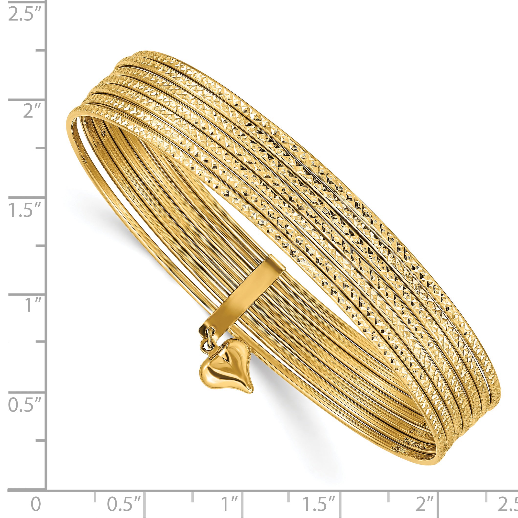 14k Yellow Gold w/ Dangle Heart Set of 7 Slip-on Textured Bangles 8"