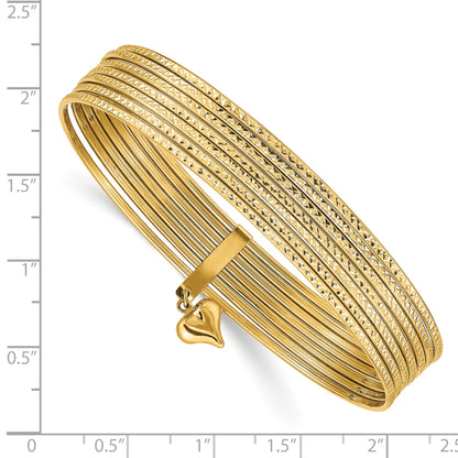 14k Yellow Gold w/ Dangle Heart Set of 7 Slip-on Textured Bangles 8"