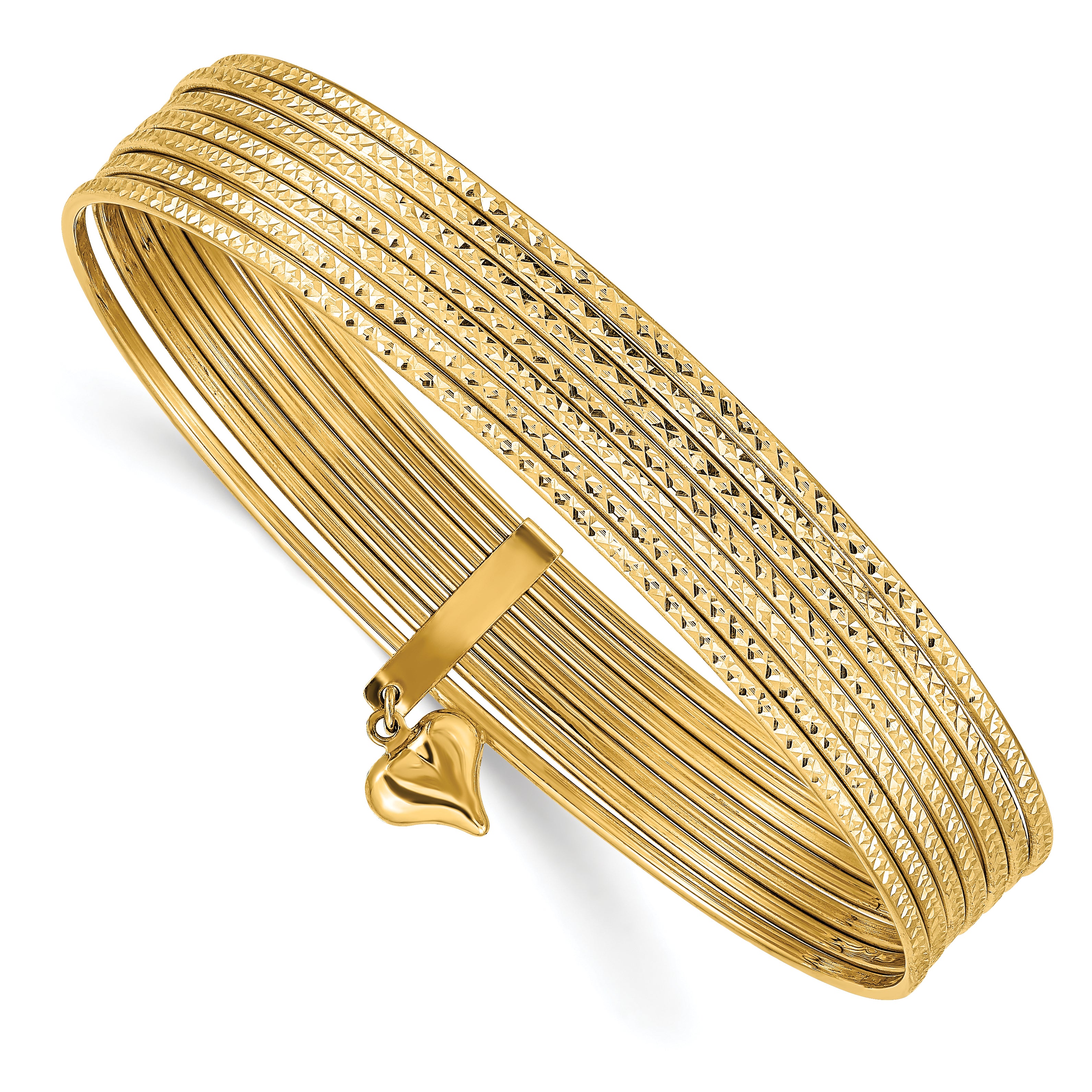14k Yellow Gold w/ Dangle Heart Set of 7 Slip-on Textured Bangles 8"