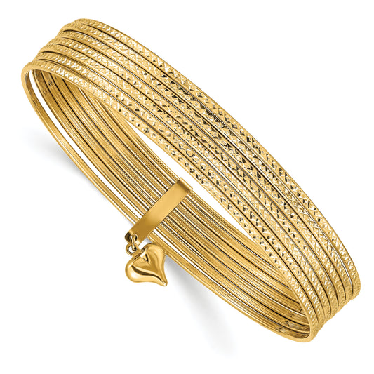 14k Yellow Gold w/ Dangle Heart Set of 7 Slip-on Textured Bangles 8"