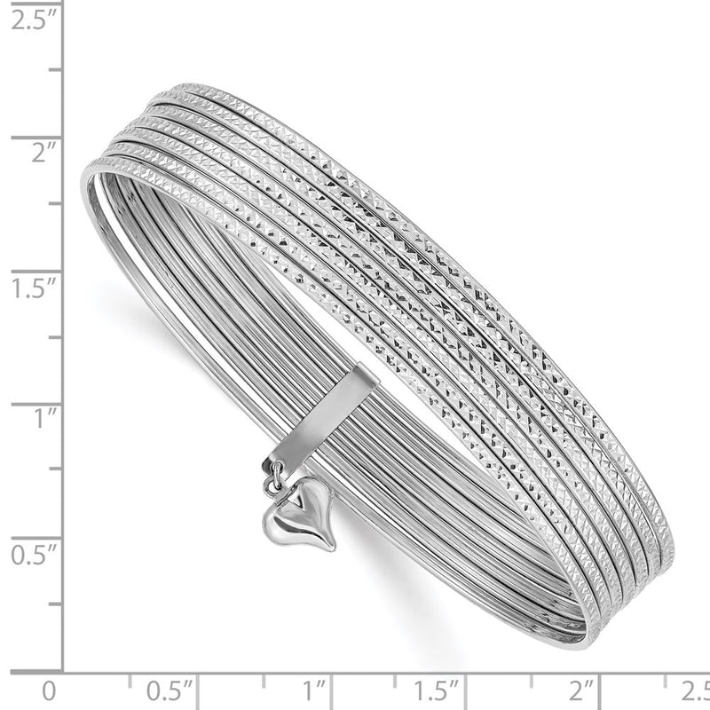 14k White Gold WG w/ Dangle Heart Textured Set of 7 Slip-on Bangles