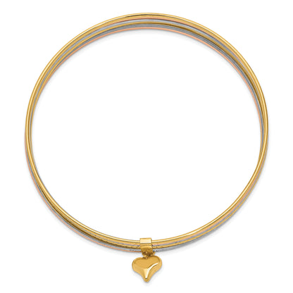 14k Tri-Color Gold w/Dangle Heart Tri-Color Gold Set of 7 Textured Slip-on Bangles