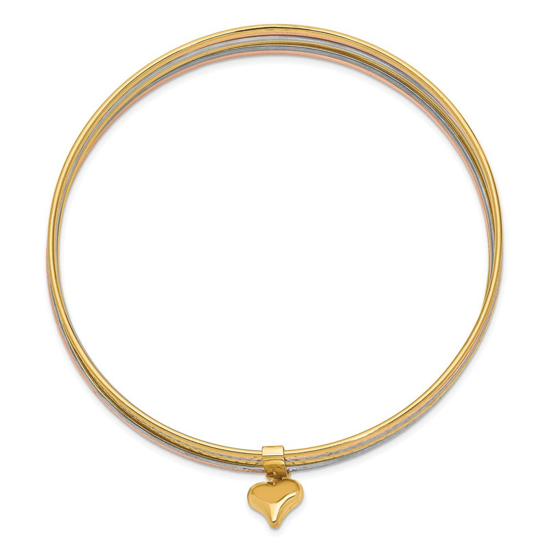 14k Tri-Color Gold w/Dangle Heart Tri-Color Gold Set of 7 Textured Slip-on Bangles