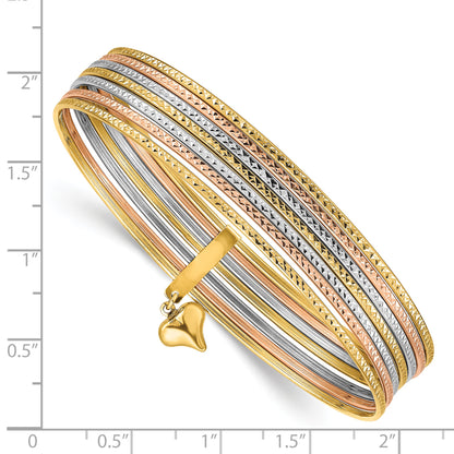 14k Tri-Color Gold w/Dangle Heart Tri-Color Gold Set of 7 Textured Slip-on Bangles