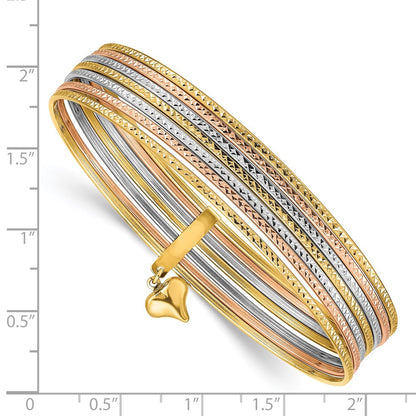 14k Tri-Color Gold w/Dangle Heart Tri-Color Gold Set of 7 Textured Slip-on Bangles