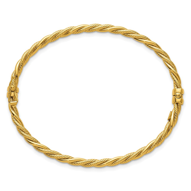 14K Yellow Gold Polished and Textured 3.25mm Twisted Hinged Oval Bangle Bracelet