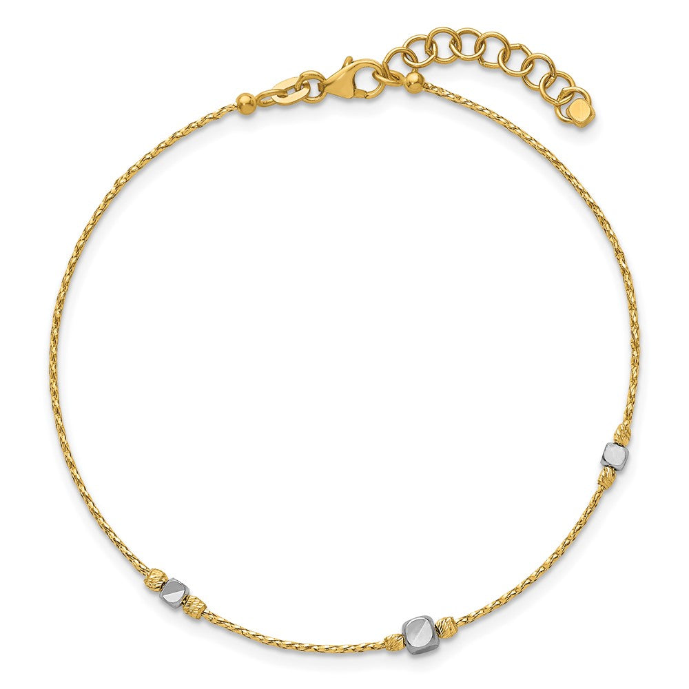 14K Two-Tone Polished Diamond-Cut Beaded 7in w/1in Ext. Bracelet