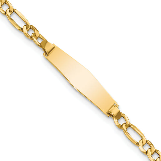 14K Yellow Gold Polished Semi Solid Chain/Solid Plate Figaro Link Soft Diamond Shape 19.5X5.5mm 7 Inch Id Bracelet