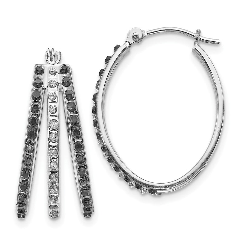14K White Gold Wg Diamond Fascination Black & W Triple Oval Hinged Hoop Ear