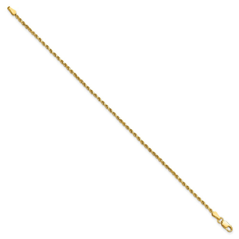 14K Yellow Gold 7 inch 2mm Semi Solid Diamond-cut Rope with Lobster Clasp Chain Bracelet