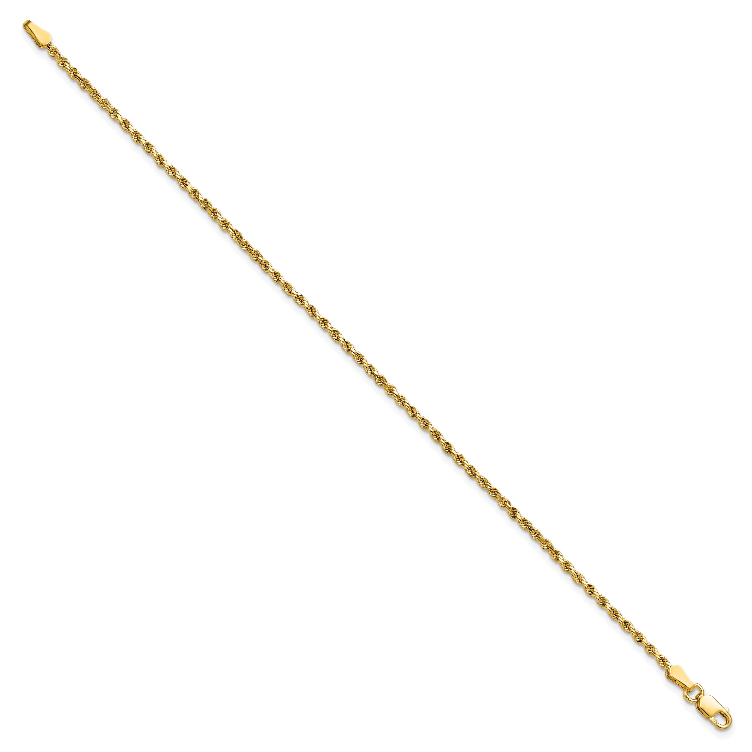 14K Yellow Gold 7 inch 2mm Semi Solid Diamond-cut Rope with Lobster Clasp Chain Bracelet