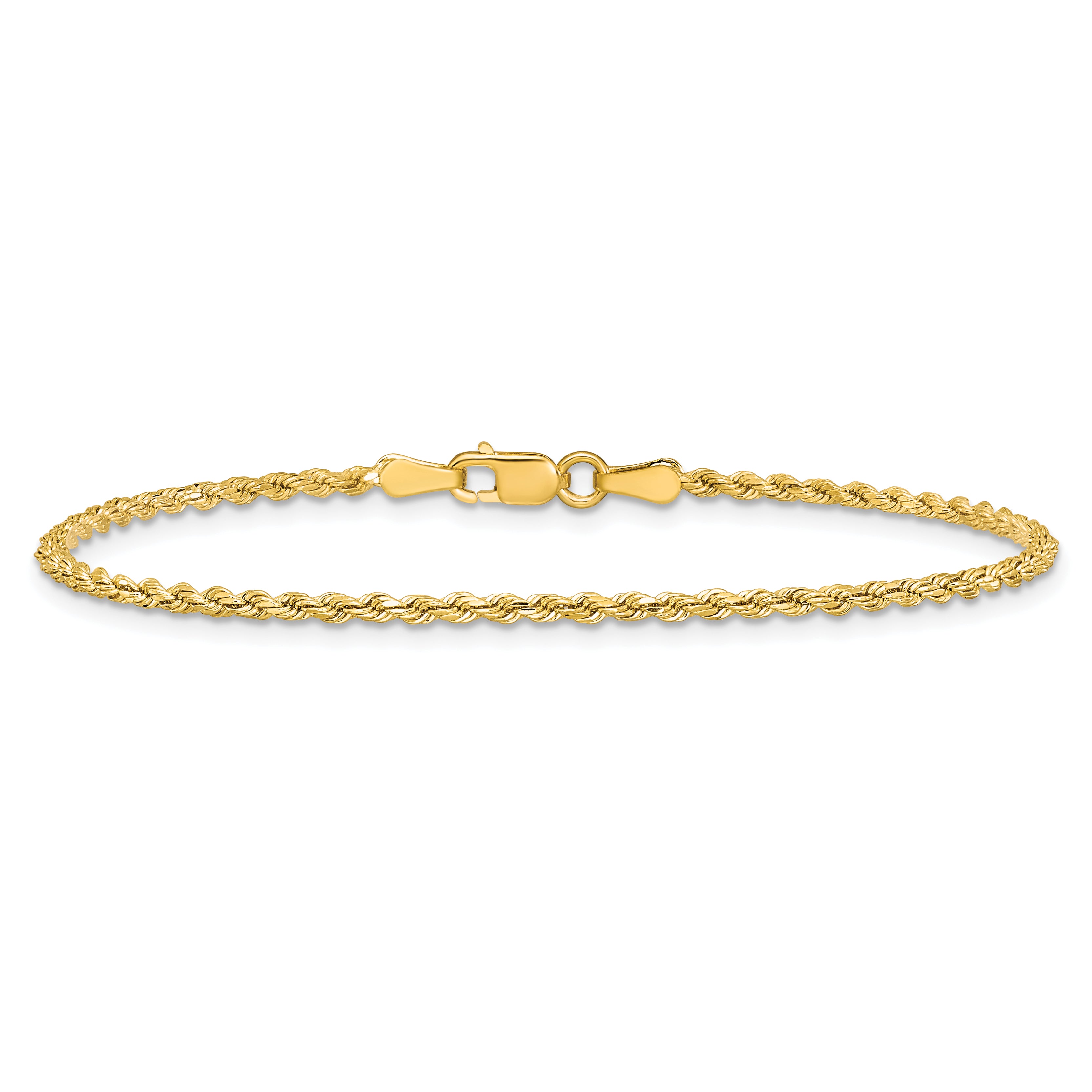 14K Yellow Gold 7 inch 2mm Semi Solid Diamond-cut Rope with Lobster Clasp Chain Bracelet