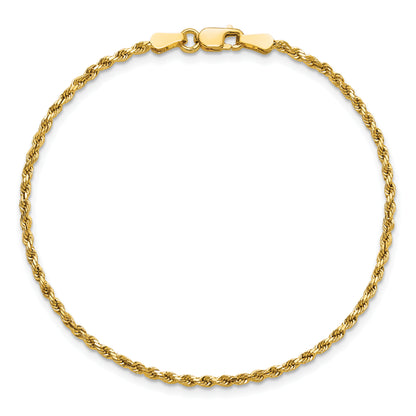 14K Yellow Gold 7 inch 2mm Semi Solid Diamond-cut Rope with Lobster Clasp Chain Bracelet