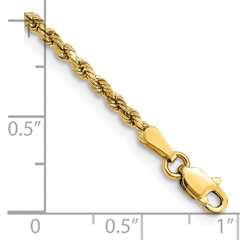 14k Yellow Gold 2.25mm Semi Solid Diamond-cut Rope with Lobster Clasp Chain Bracelet