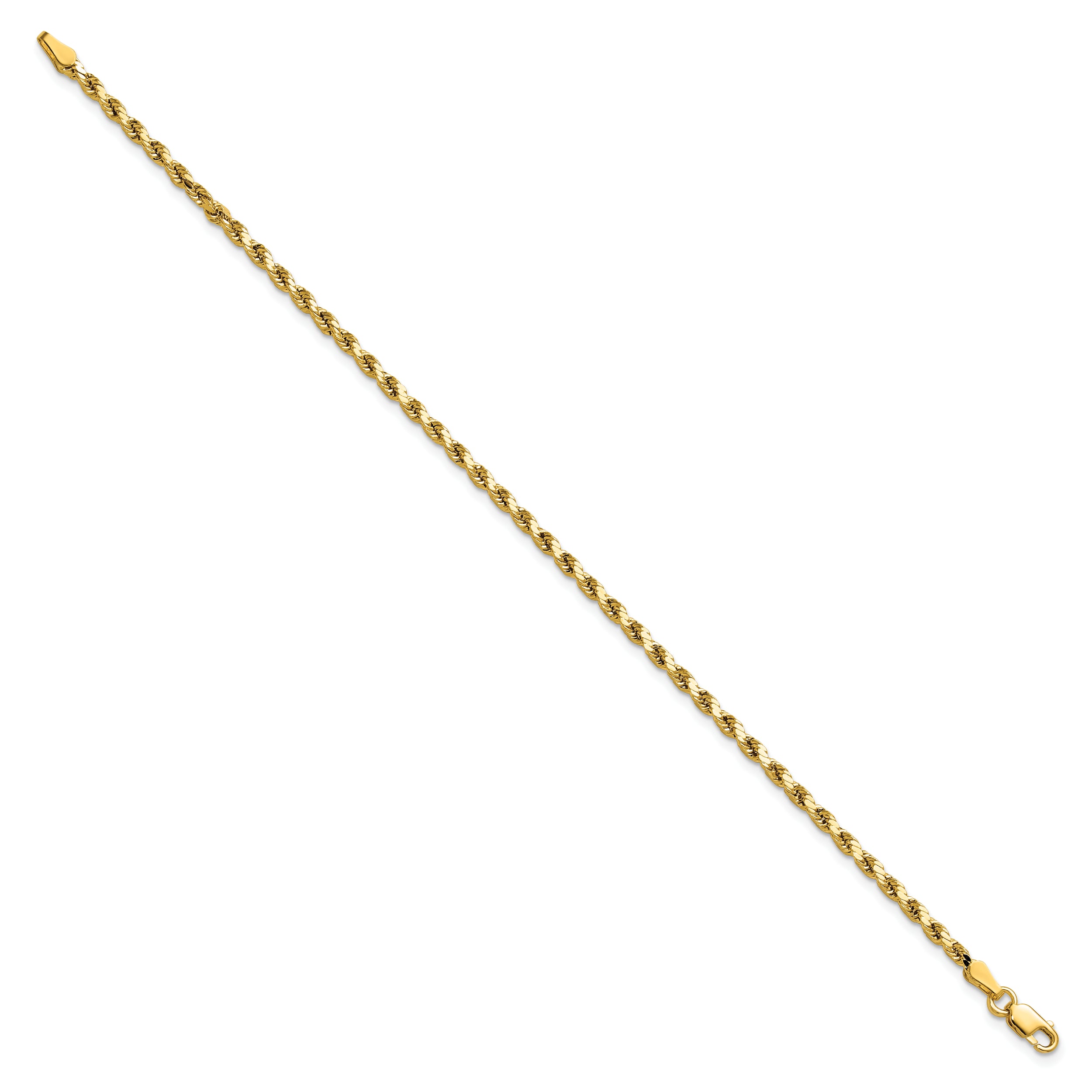 14K Yellow Gold 7 inch 2.5mm Semi Solid Diamond-cut Rope with Lobster Clasp Chain Bracelet