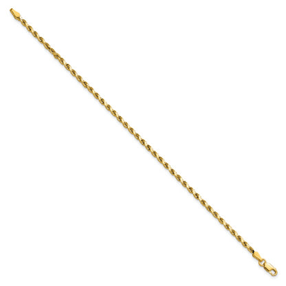 14K Yellow Gold 7 inch 2.5mm Semi Solid Diamond-cut Rope with Lobster Clasp Chain Bracelet