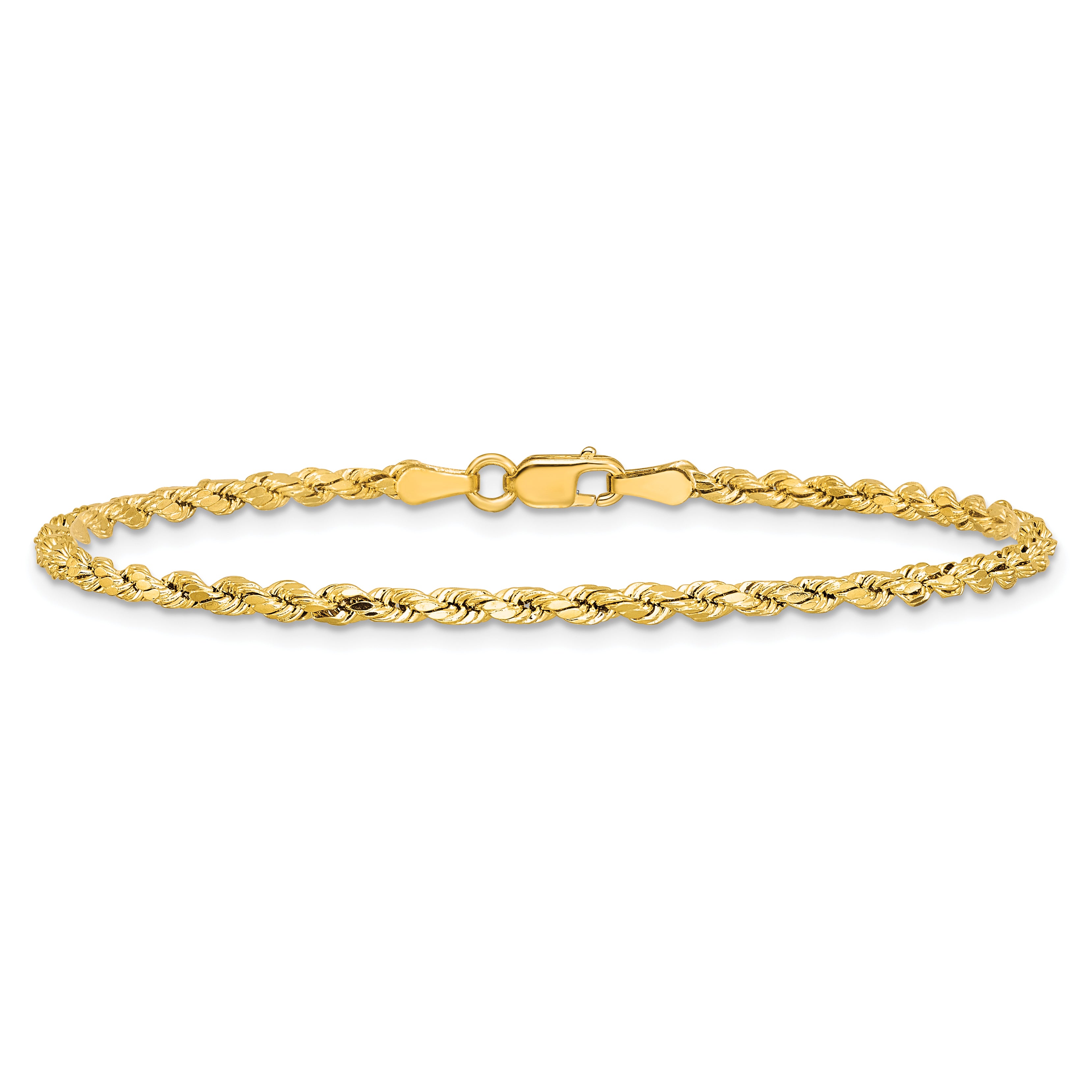 14K Yellow Gold 7 inch 2.5mm Semi Solid Diamond-cut Rope with Lobster Clasp Chain Bracelet