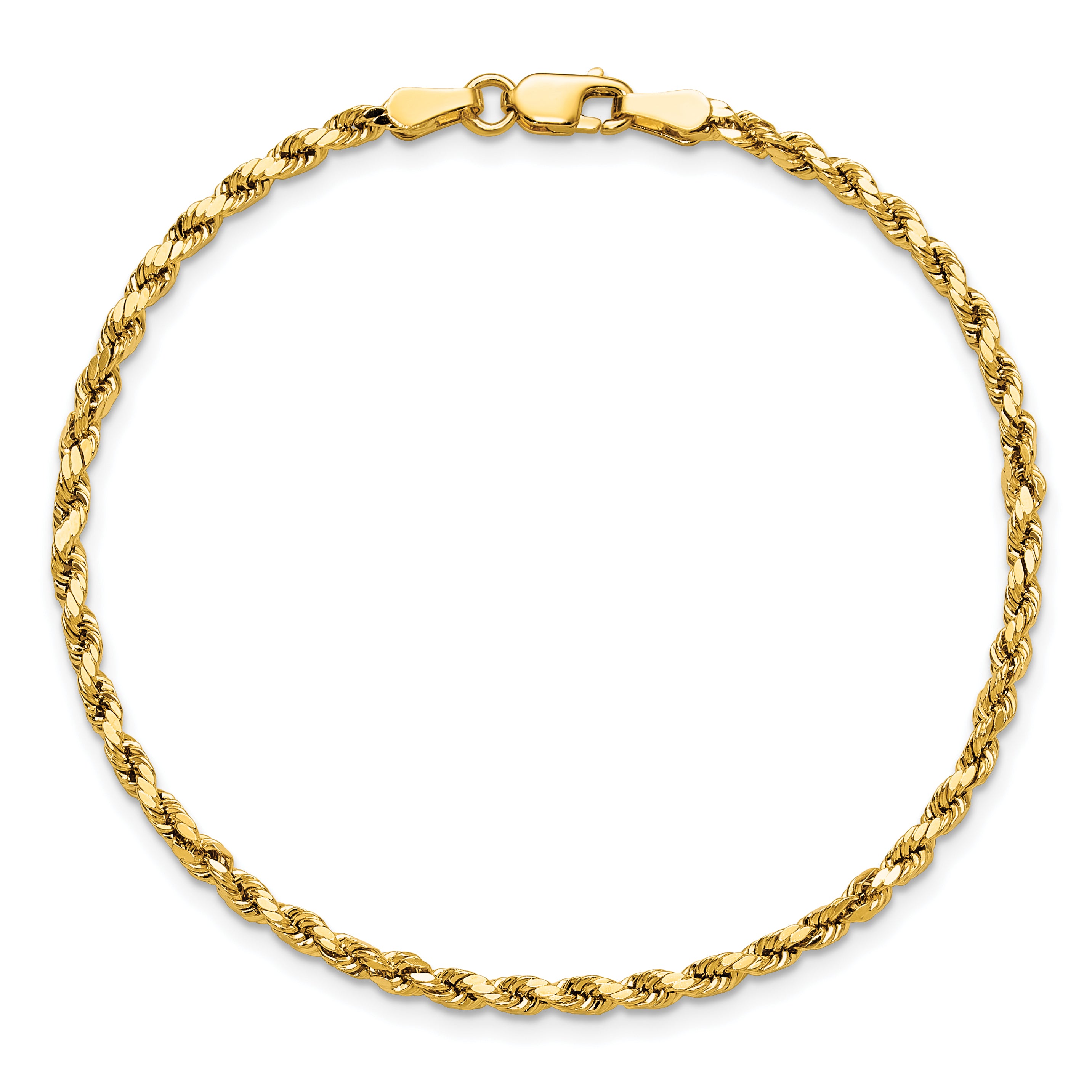 14K Yellow Gold 7 inch 2.5mm Semi Solid Diamond-cut Rope with Lobster Clasp Chain Bracelet