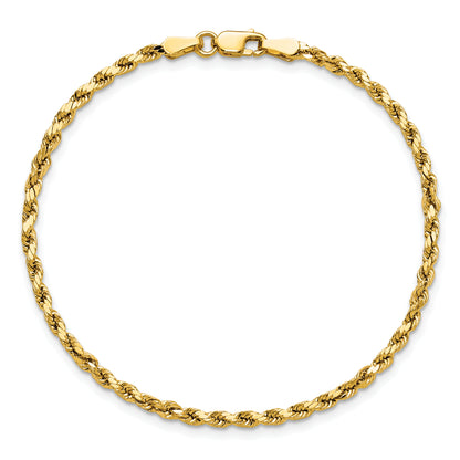 14K Yellow Gold 7 inch 2.5mm Semi Solid Diamond-cut Rope with Lobster Clasp Chain Bracelet