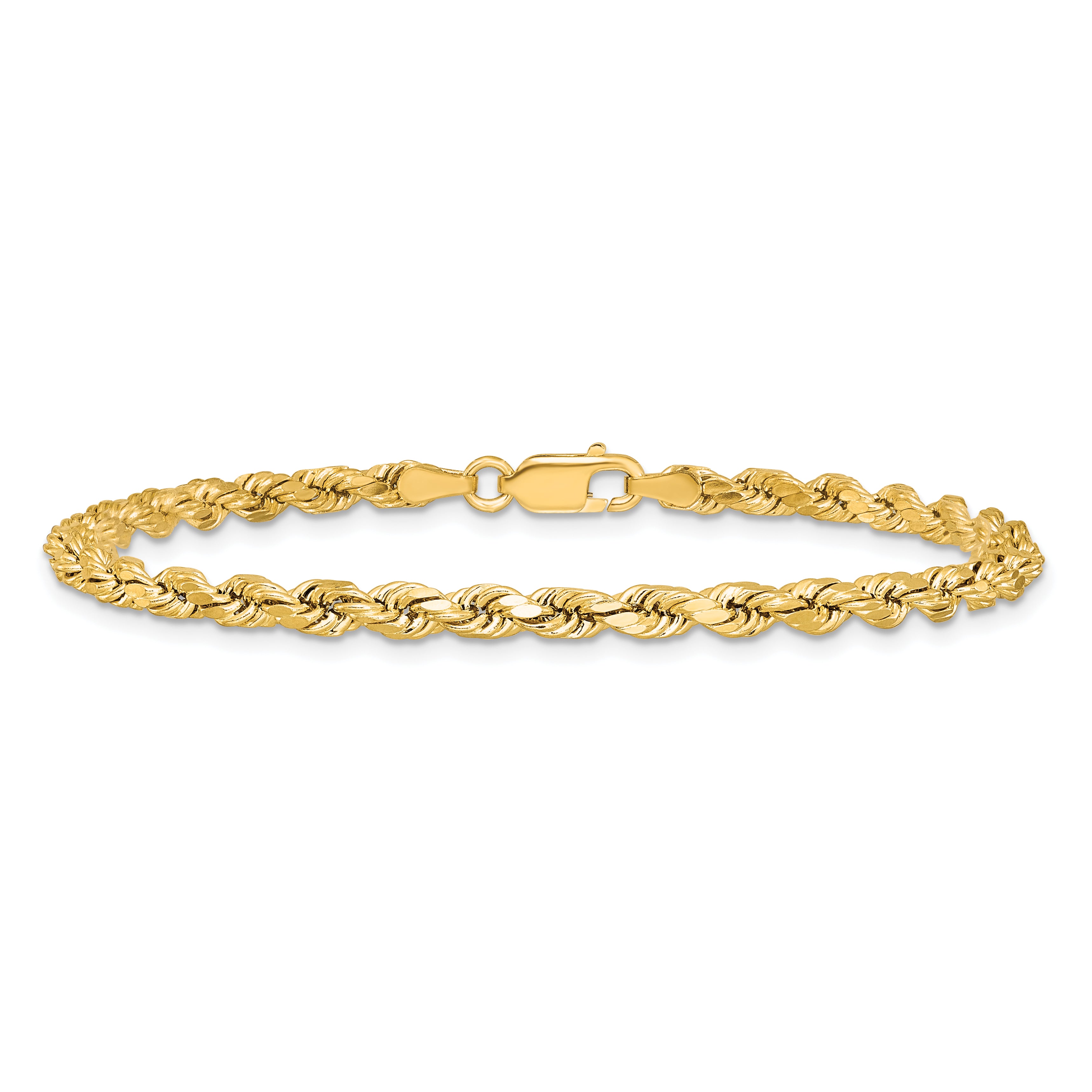14k Yellow Gold 7 inch 3.5mm Semi Solid Diamond-cut Rope with Lobster Clasp Chain