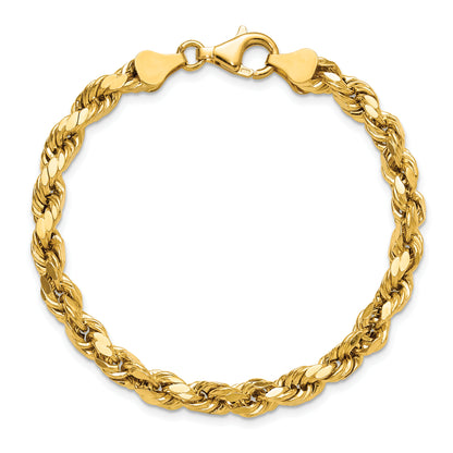 14K Yellow Gold 7 inch 5.5mm Semi Solid Diamond-cut Rope with Lobster Clasp Chain Bracelet