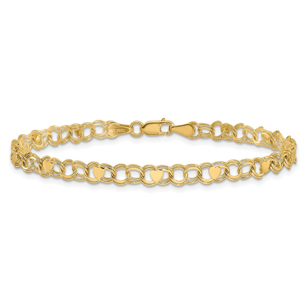 8 Inch 14K Double Link With Hearts Charm Bracelet