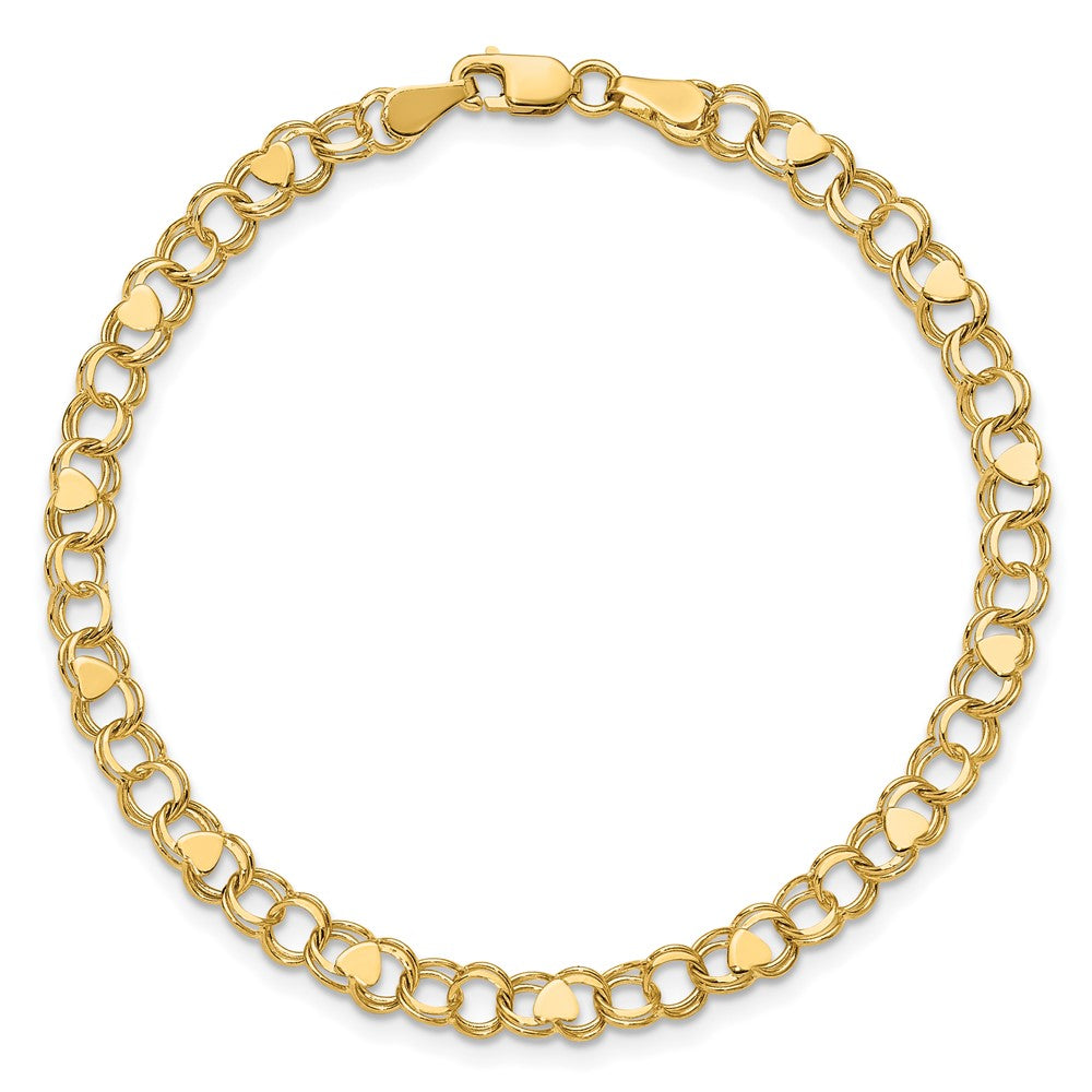 8 Inch 14K Double Link With Hearts Charm Bracelet