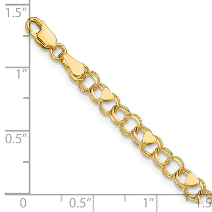 8 Inch 14K Double Link With Hearts Charm Bracelet