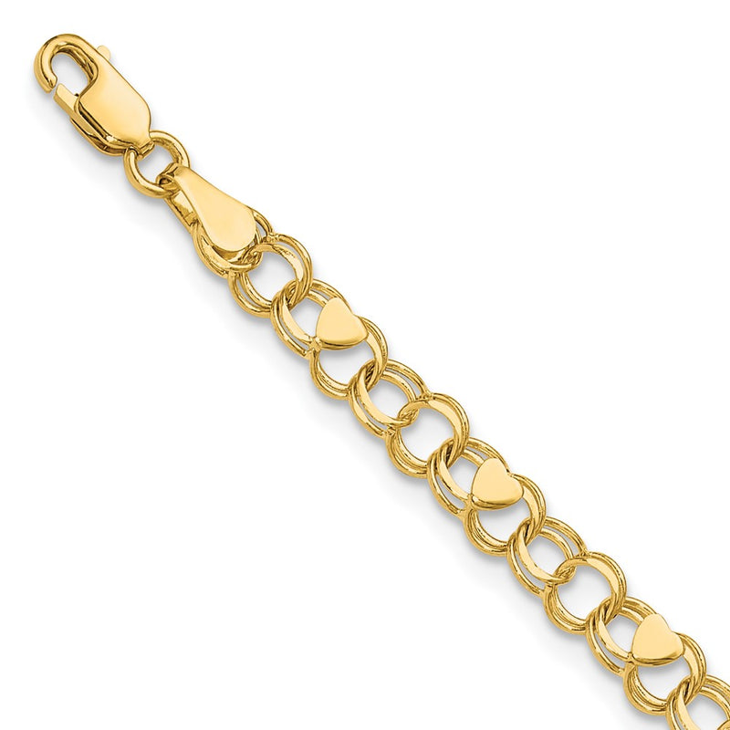 8 Inch 14K Double Link With Hearts Charm Bracelet