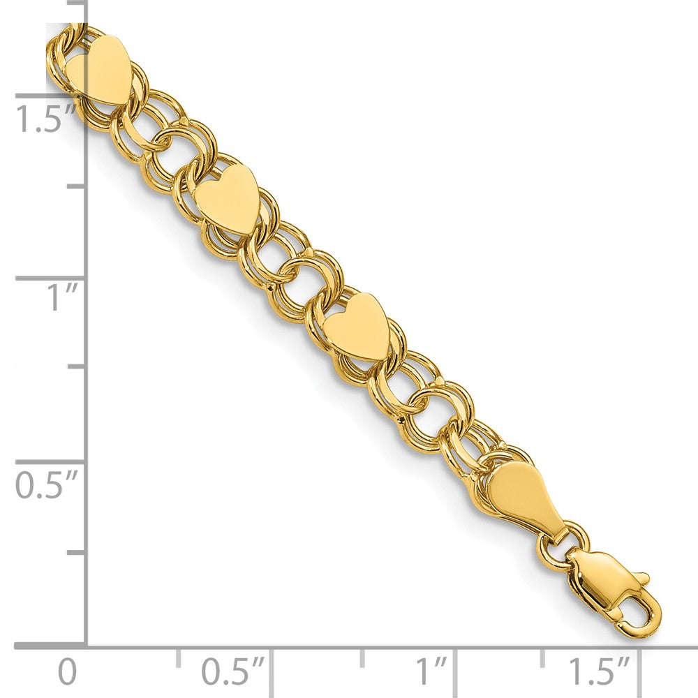 7 Inch 14K Double Link With Hearts Charm Bracelet