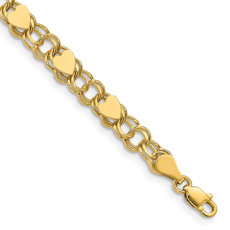 7 Inch 14K Double Link With Hearts Charm Bracelet