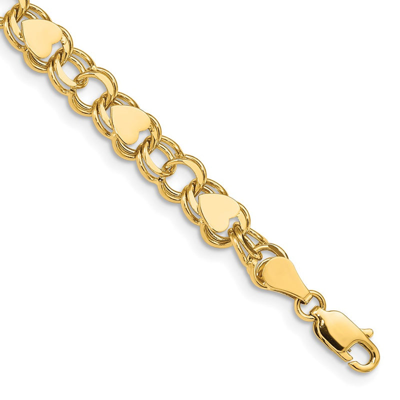 8 Inch 14K Double Link With Hearts Charm Bracelet