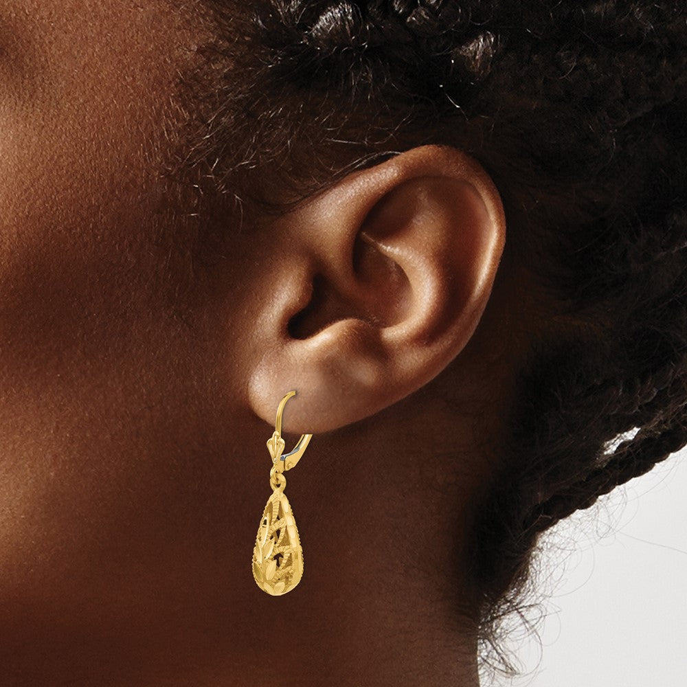 14K Yellow Gold Polished And Diamond-Cut Dangle Leverback Earrings