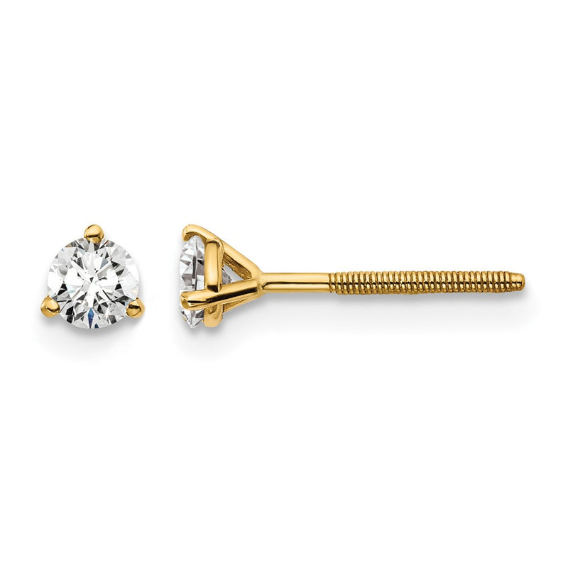 14k Yellow Gold 1/3 Ct. Certified Lab Grown Diamond VS/SI+ G+ Round Three Prong Screwback Stud Post Earrings