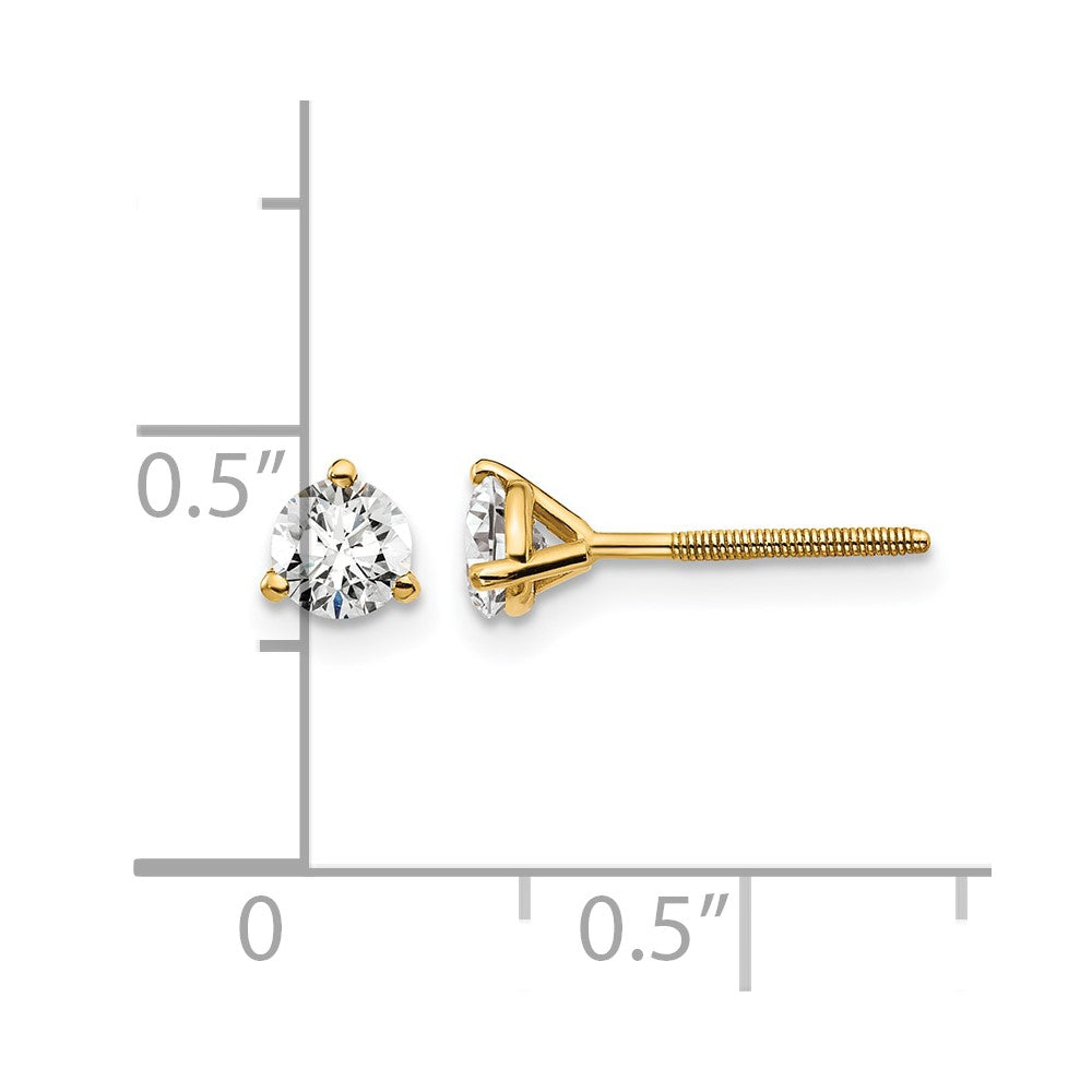 14k Yellow Gold 1/2 Ct. Lab Grown Diamond VS/SI+ G+ Round Three Prong Screwback Stud Post Earrings