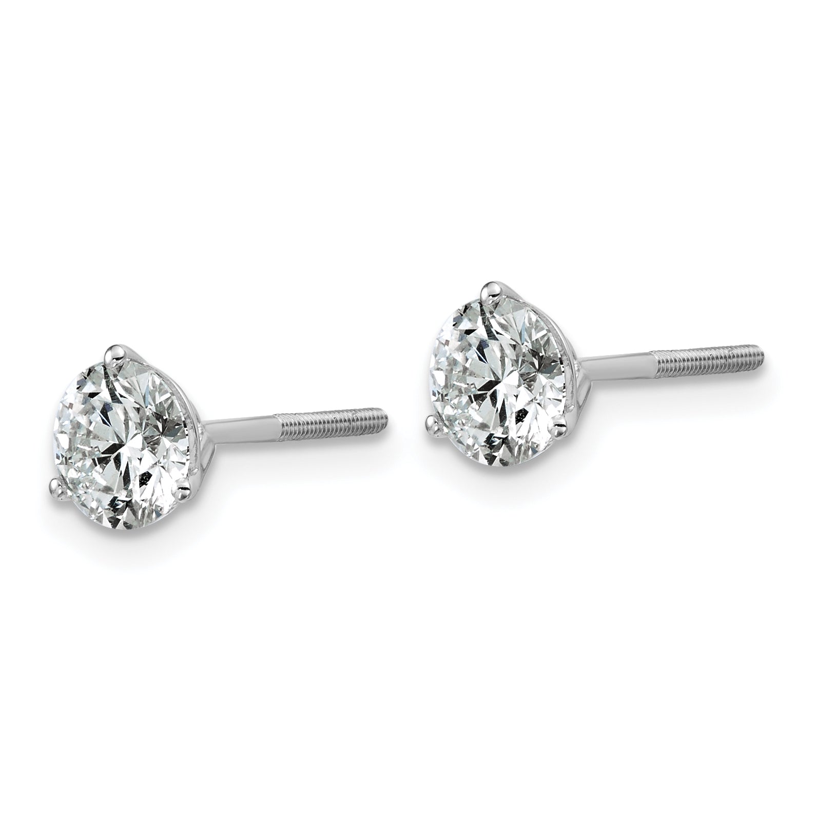 14K White Gold 1 1/2 Ctw Lab Grown Diamond Vs+ F+ Round 3 Prong Heavy Wt. Screwback Stud Earrings