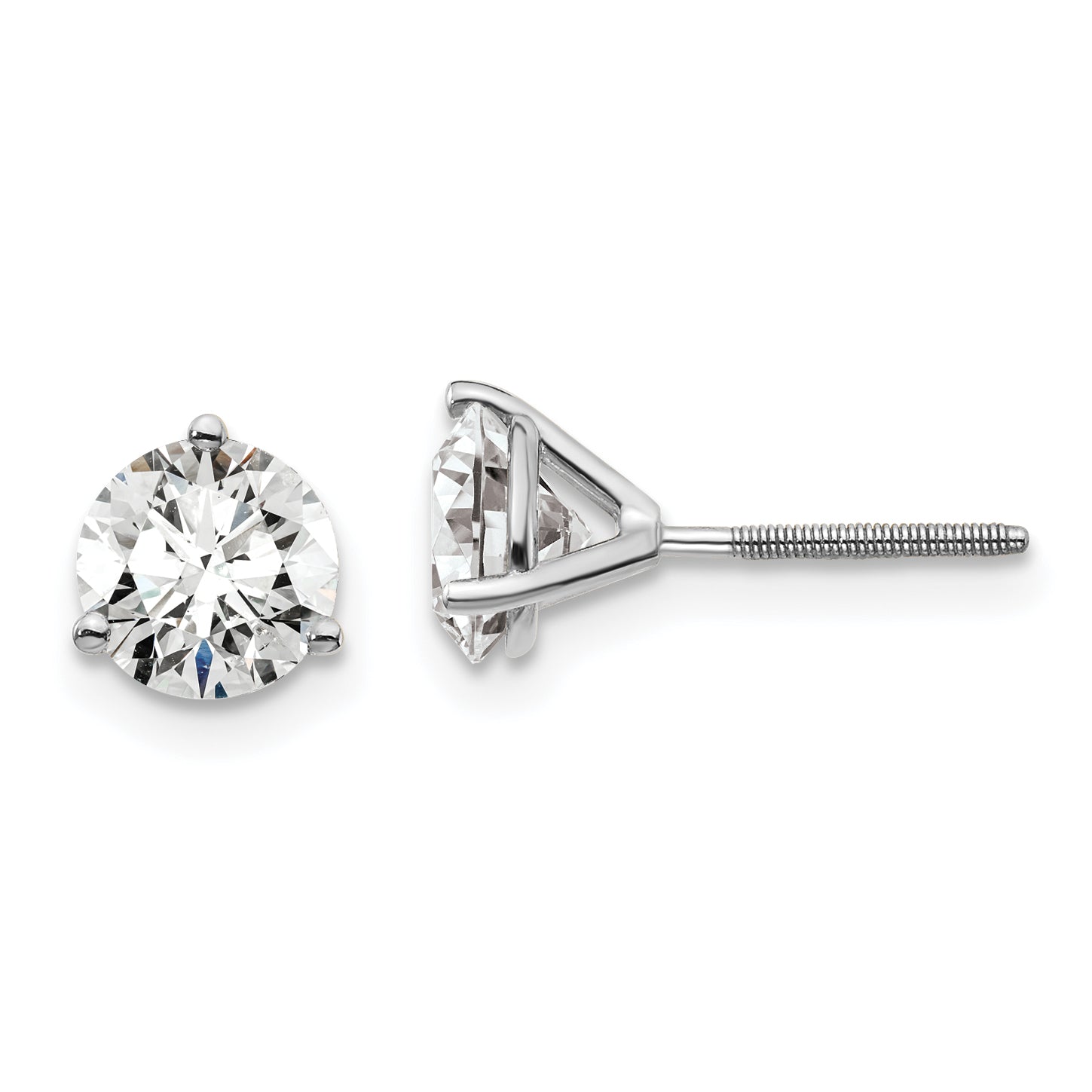 14K White Gold 1 1/2 Ctw Certified Lab Grown Diamond Vs+ F+ Round 3 Prong Heavy Wt. Screwback Stud Earrings