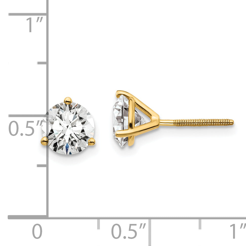 14K Yellow Gold 2 Ctw Certified Lab Grown Diamond Vs/Si+ G+ Round 3 Prong Heavy Wt. Screwback Stud Earrings