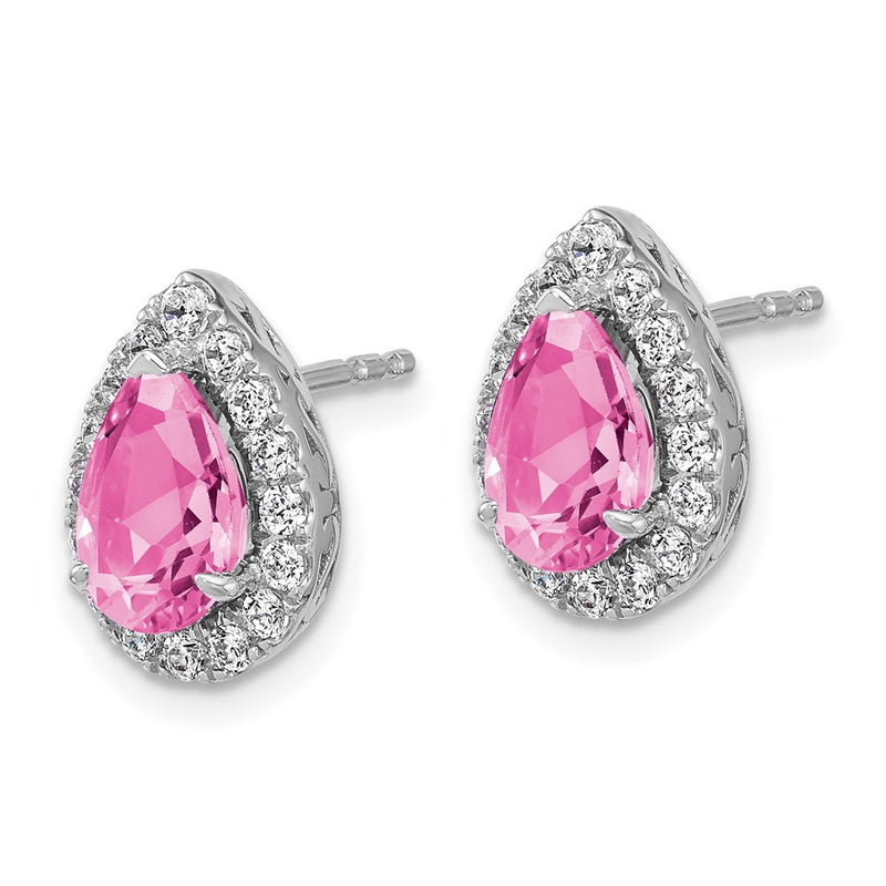 14K White Gold Lab Grown VS/SI FGH Diamond and Created Pink Sapphire Pear Post Earri
