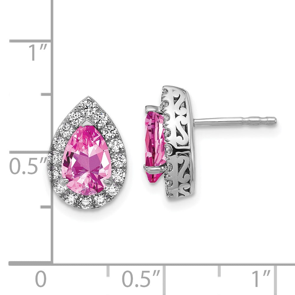 14K White Gold Lab Grown VS/SI FGH Diamond and Created Pink Sapphire Pear Post Earri