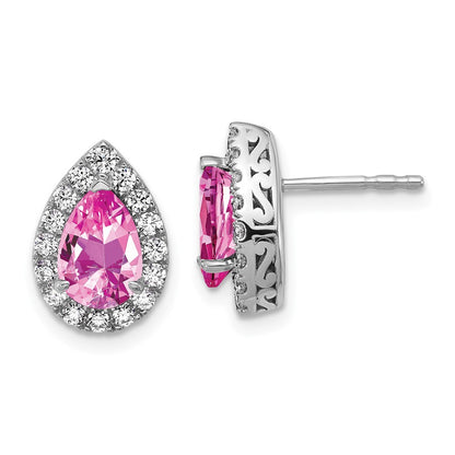 14K White Gold Lab Grown VS/SI FGH Diamond and Created Pink Sapphire Pear Post Earri